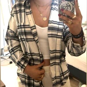 White and Navy Button up Flannel Shirt